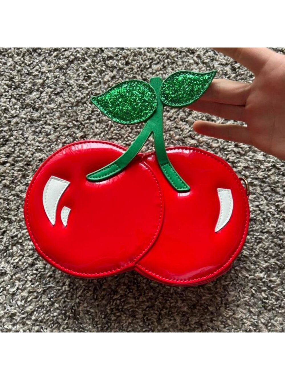 Red Vinyl Cherry Purse Green Glitter Leaves Kawaii Novelty Bag Coquette Whimsy